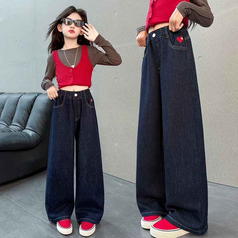 女童秋季时尚宽松净色牛仔裤2025新款女大童6-12岁洋气百搭阔腿裤