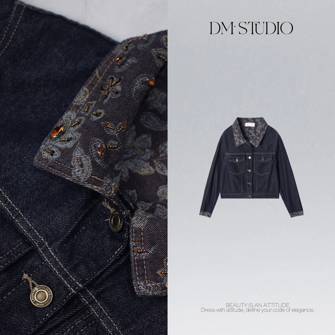 DEDM•STUDIOM/复古小众设计感腰果花翻领排扣牛仔外套2508WT/3906