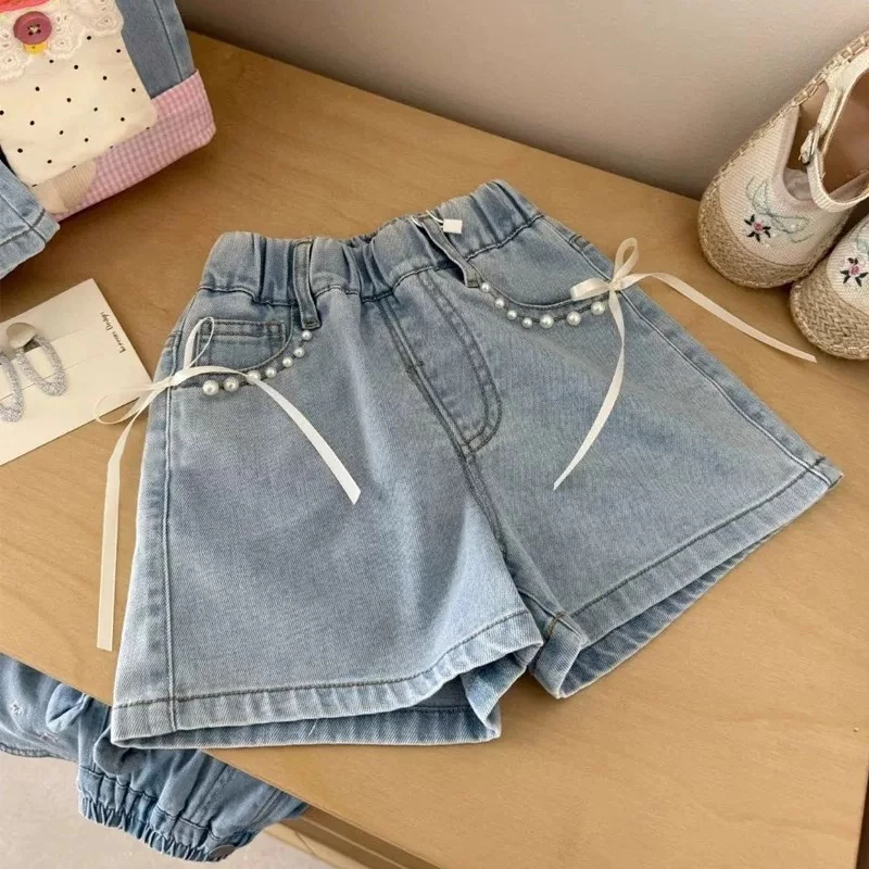 女童网红炸街裤子2025夏季新款童装儿童牛仔短裤宝宝蝴蝶结休闲裤