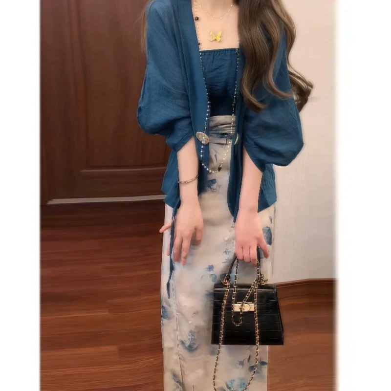 新中式国风唐装禅意改良汉元素抹胸半身裙开衫三件套汉服套装