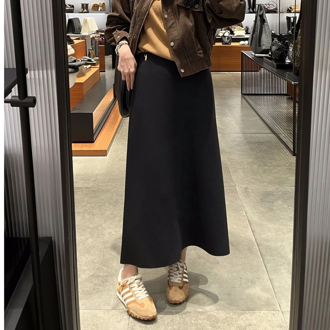 金属字母装饰标气质长裙A字裙秋冬高腰半身裙241685#