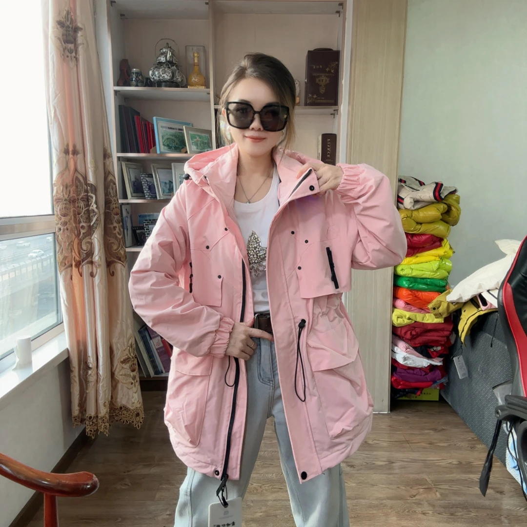 网红中长款风衣外套女新款长袖连帽纯色纯色修身时尚宽松冲锋衣