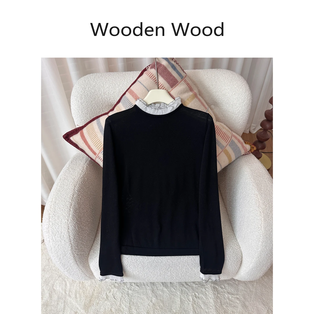 Wooden Wood“柔弧曲线”时尚设计感气质舒适花瓣领口羊绒衫P25481