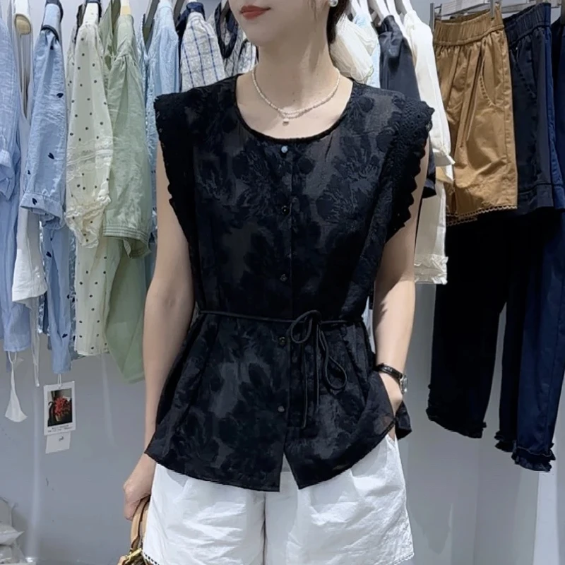 法式高级感时尚无袖衬衫女2026夏季新款轻奢宽松显瘦收腰圆领上衣