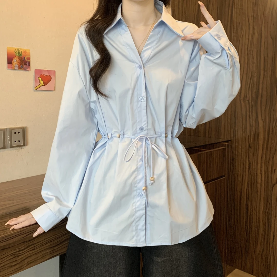 7804法式气质polo领正肩长袖衬衫2025早秋新款胖MM收腰显瘦上衣