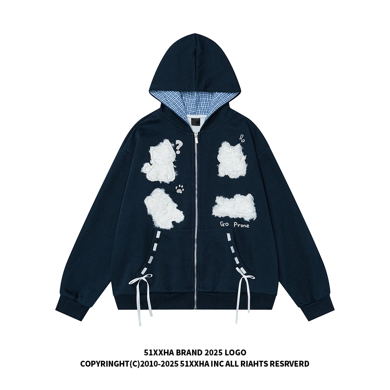 51嘻哈潮牌oversize动物植绒宽松开衫卫衣男美式重磅情侣连帽外套