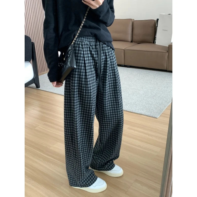 JMHH【格格巫】黑灰细格子直筒裤女春夏宽松显瘦松紧腰百搭休闲裤