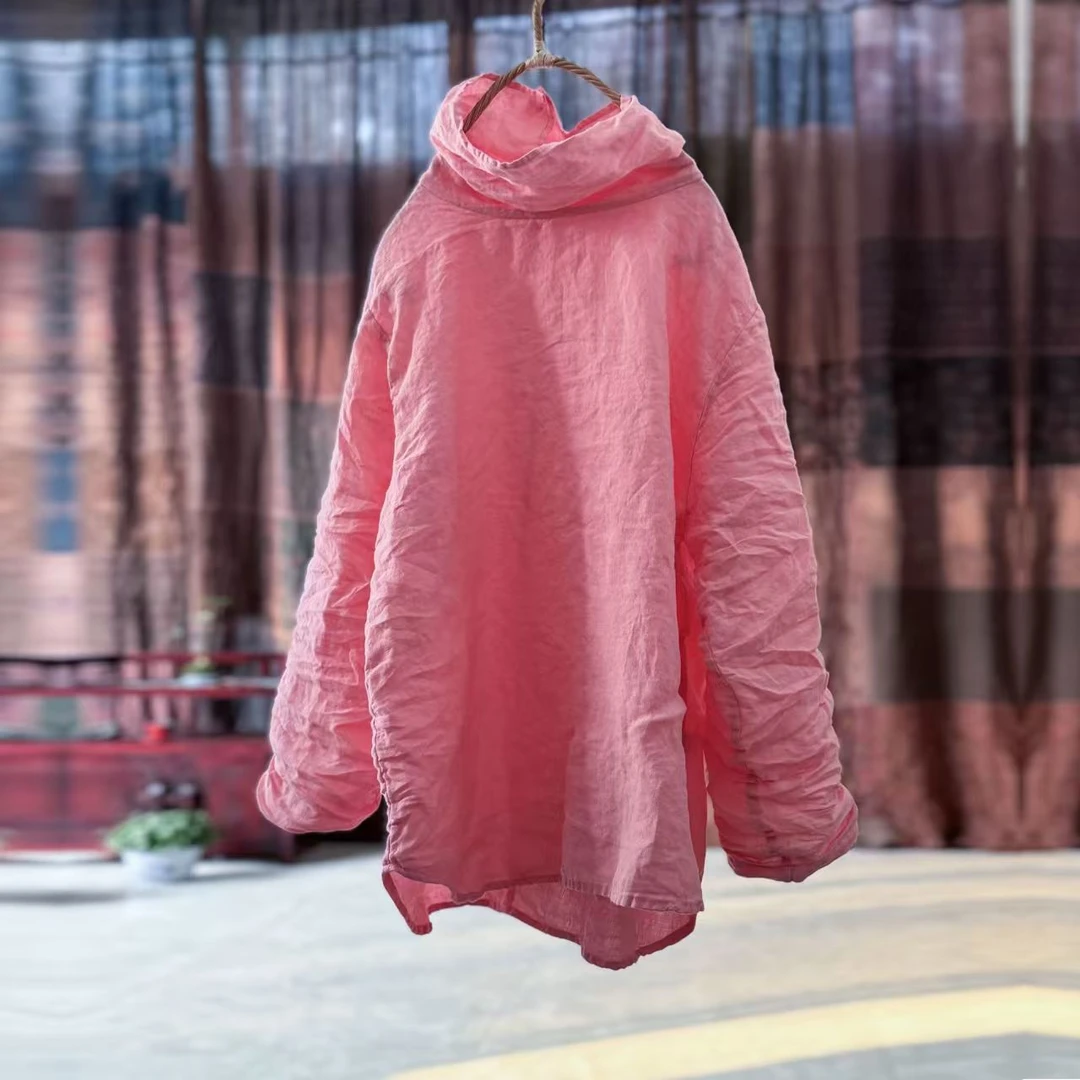 4390原创高品质水洗亚麻堆堆领打底衫文艺复古亚麻高领大码衬衫