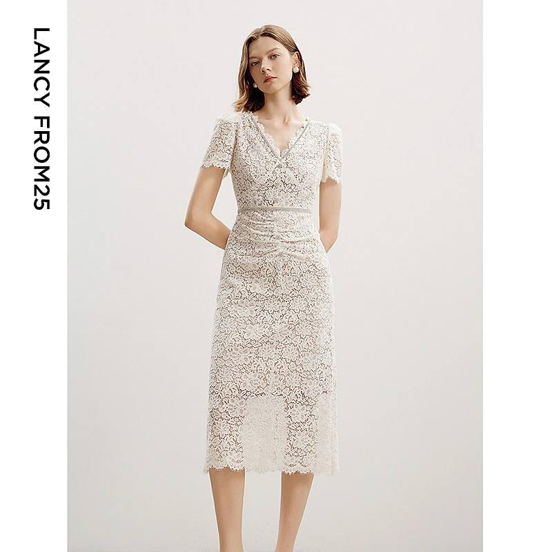 朗姿设计感气质修身蕾丝刺绣收腰女裙季新款重工礼服连衣裙