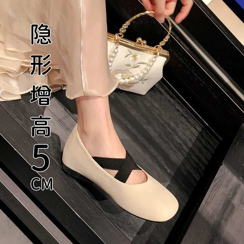 真皮内增高交叉绑带芭蕾舞鞋女2025春夏新款内增高百搭玛丽珍单鞋
