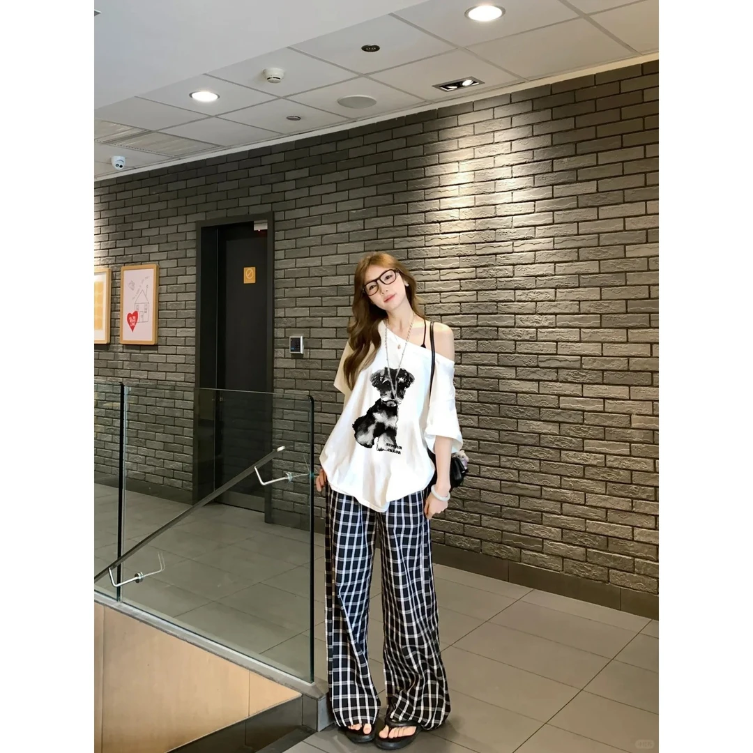 SUMBUR夏季洋气气质百搭斜肩短袖上衣女显瘦休闲慵懒风两件套装