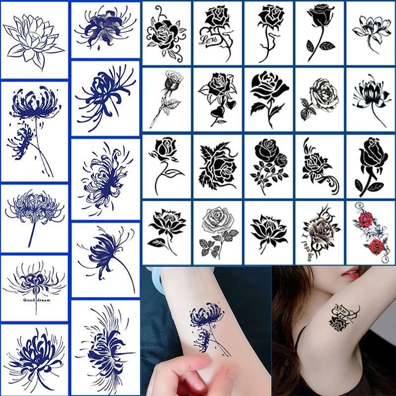 持久逼真不反光彼岸花草本果汁纹身贴半永久花蝴蝶女款洗不掉防水