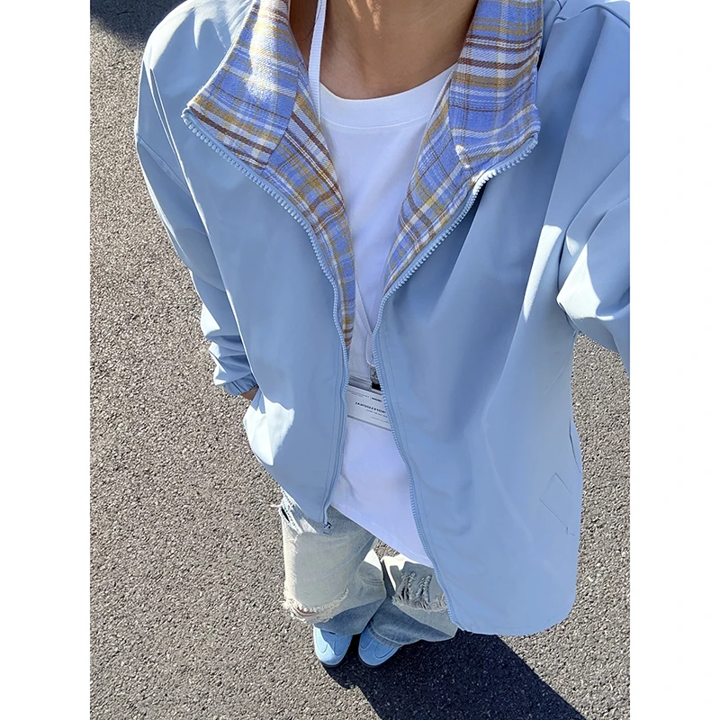 蓝色美式格子翻领夹克男款秋季设计感拼接棒球服cleanfit情侣外套