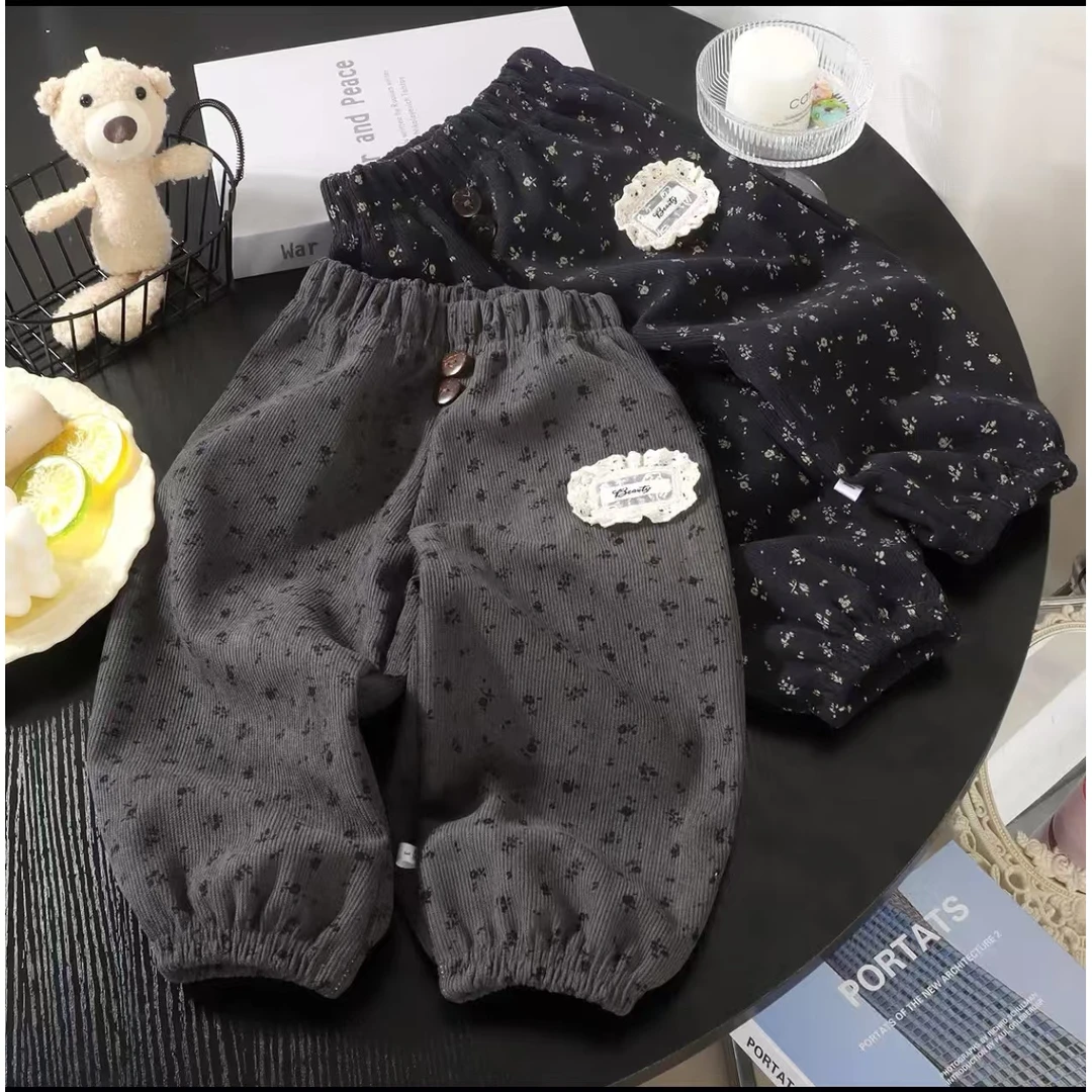 2025冬季新款加绒加厚儿童卫裤男女童休闲裤宝宝碎花宽松洋气