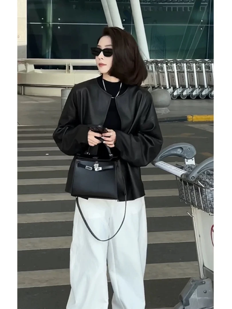 今年流行爆款高级感赫本风薄款黑色圆领机车皮衣夹克外套女2025春