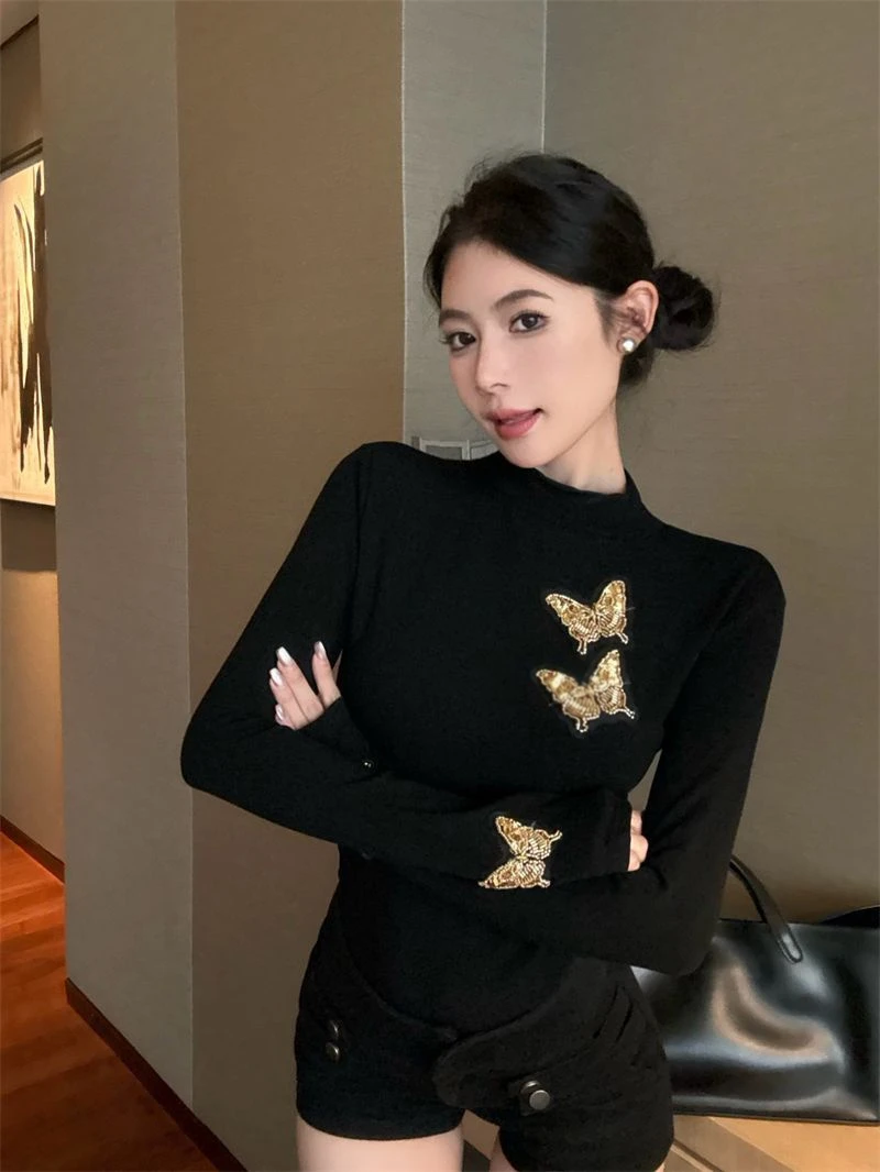 蝴蝶刺绣半高领长袖T恤女装冬季磨毛加绒保暖内搭打底衫紧身上衣