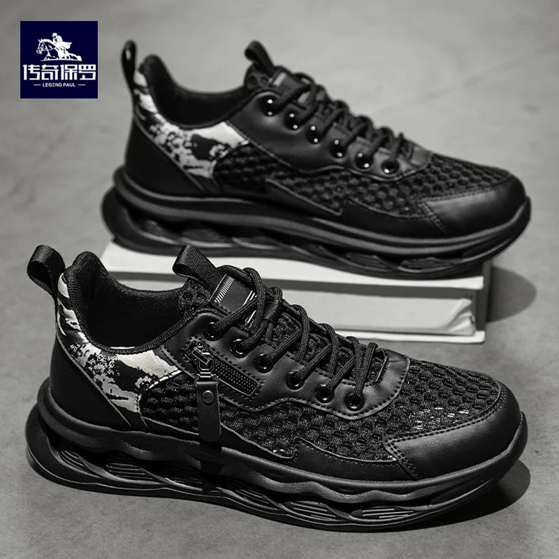 传奇保罗男士休闲板鞋夏季新款飞织网面透气舒适增高运动鞋男鞋