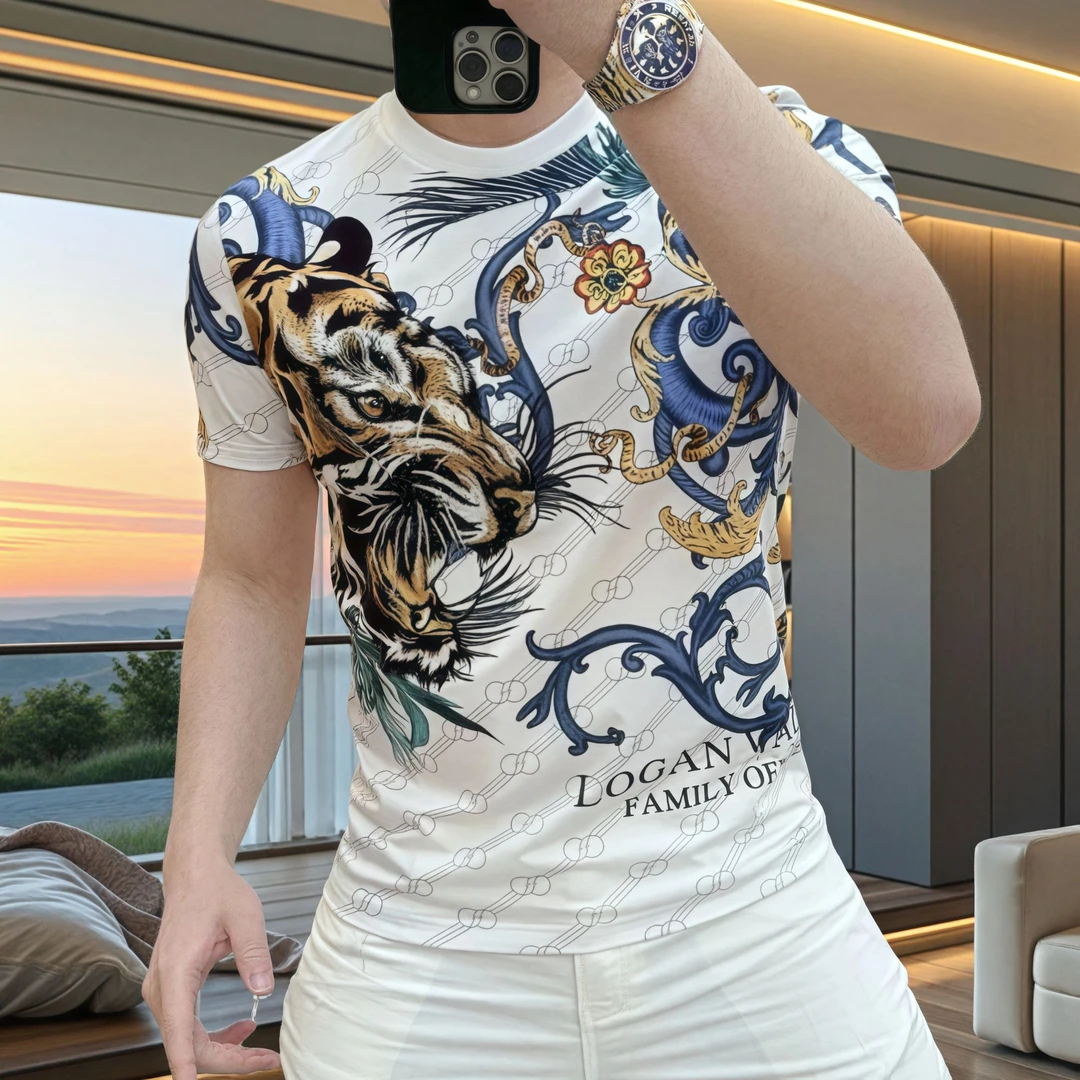 夏季欧货男士圆领T恤老虎热转印半袖时尚休闲百搭潮流修身短袖T恤