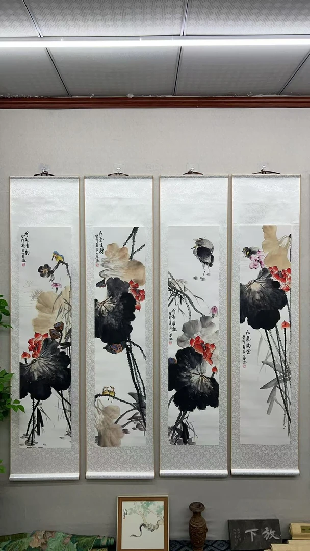 四条屏《荷香清趣》中堂玄关画走廊画办公装饰画卷画芯软轴装裱