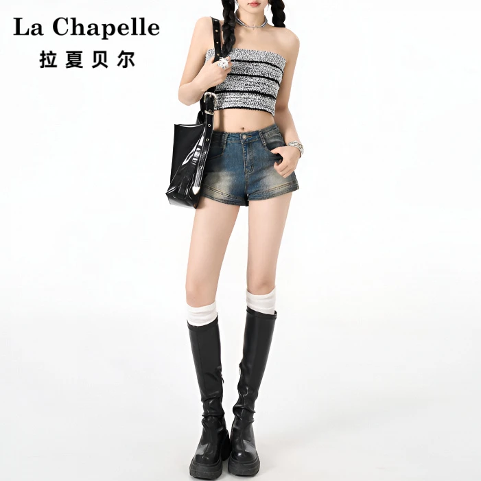 拉夏贝尔辣妹弹力牛仔短裤女高腰显瘦a字通勤小个子夏天外穿热裤