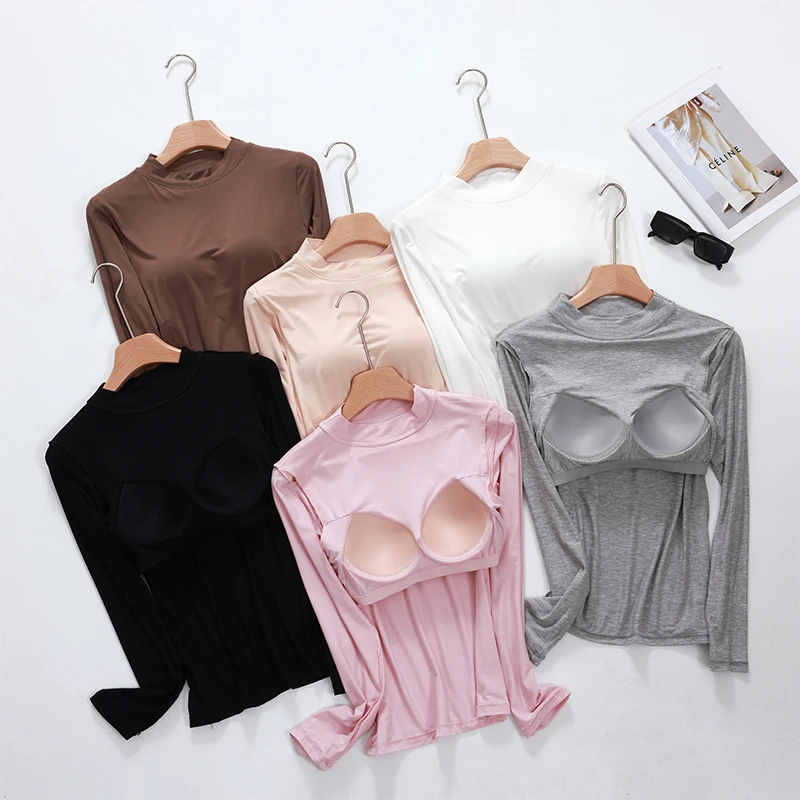 自带胸垫一体式薄款半高领修身单件上衣长袖衫简约百搭纯色无钢圈