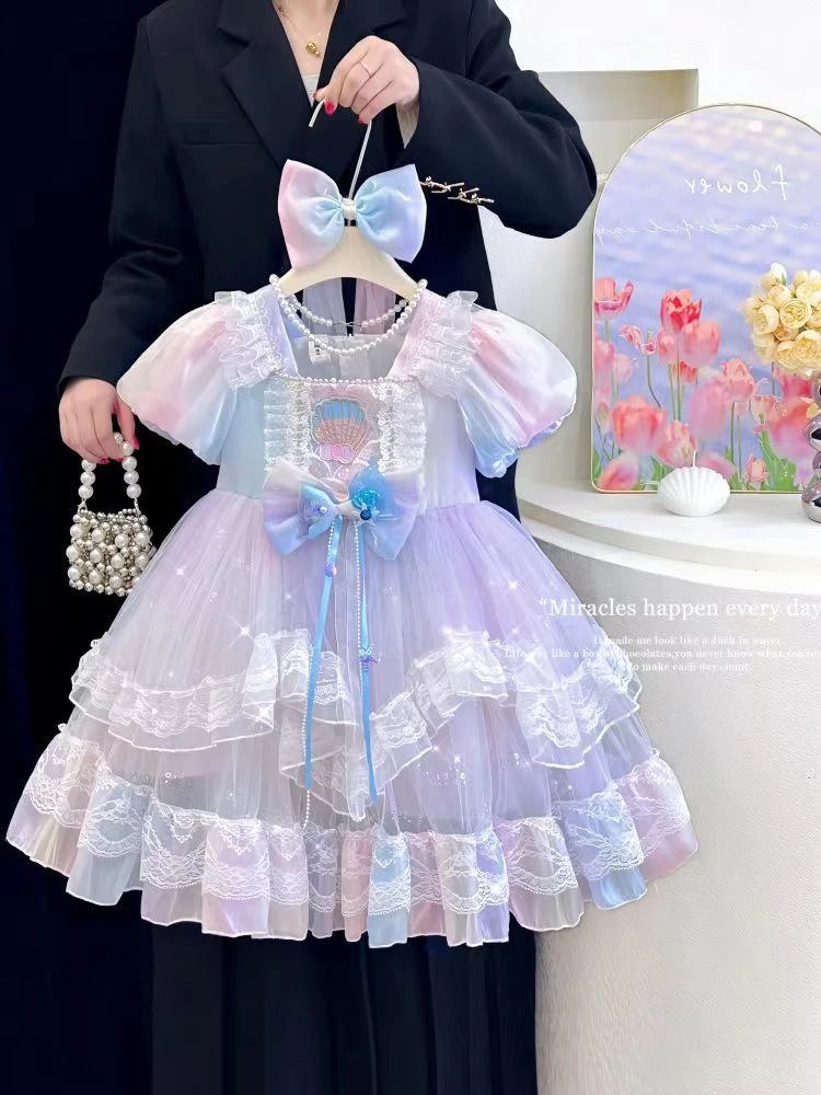 少女风女夏季ol蕾丝裙子女童卡通风连衣裙夏装小女孩