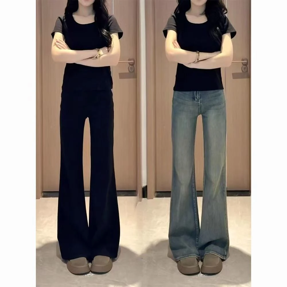 美式复古微喇大码胖mm牛仔裤女夏2025新款弹力高腰显瘦宽松拖地裤