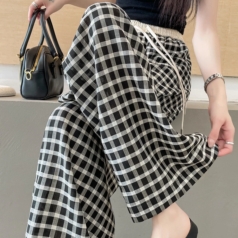 格子阔腿裤女夏季薄款2025新款复古高腰慵懒风垂感宽松直筒休闲裤