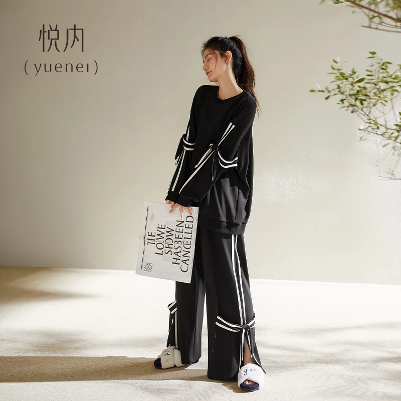 悦内带胸垫睡衣女款春秋季纯棉长袖阔腿裤家居服秋天休闲时尚套装