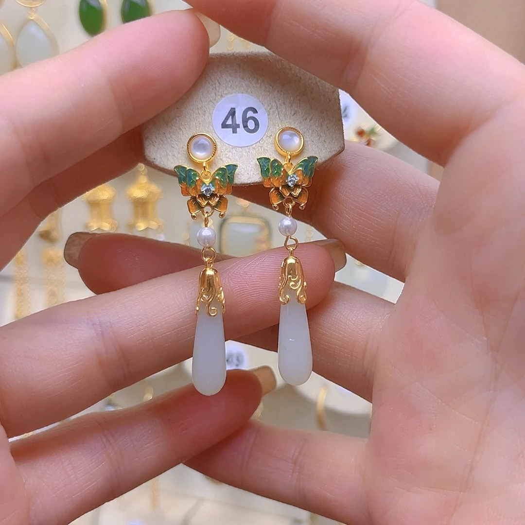 和田玉银S925镀金镶嵌耳饰