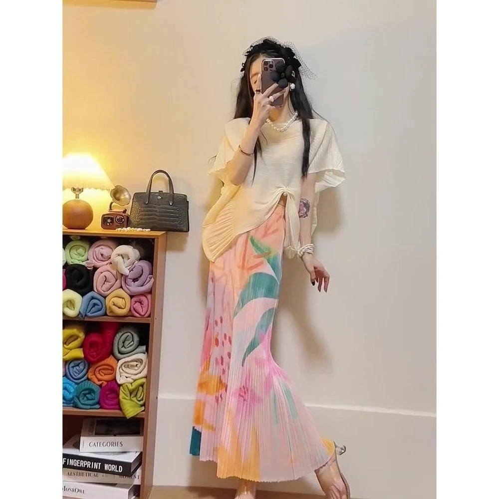 褶皱风褶皱印花半身裙女夏季新款小众设计感显瘦气质百褶裙子半裙