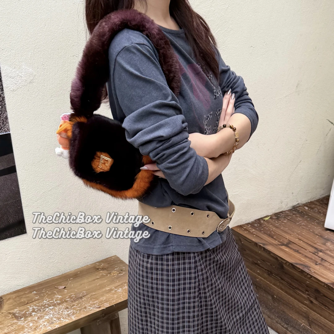95新 FENDI/芬迪 只盒/中古超稀有拼色皮草火焰橙单肩包