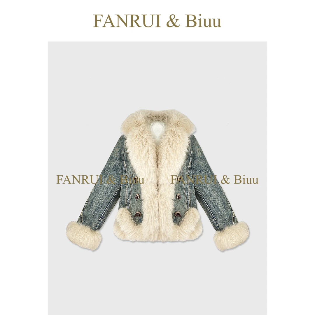 FANRUI/泛芮 「温糯绒革」真狐狸毛领牛仔拼接锁温保暖羽绒服B19895