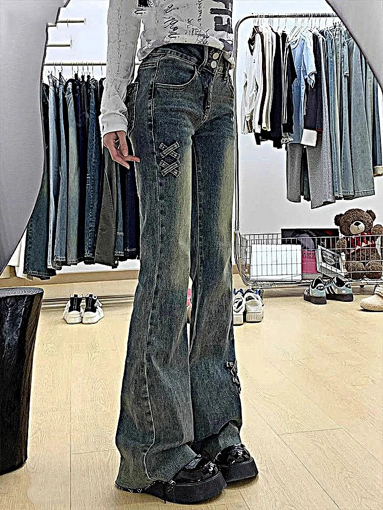 早秋季新款复古蓝双扣微喇叭牛仔裤女蝴蝶结设计弹力修身马蹄裤子