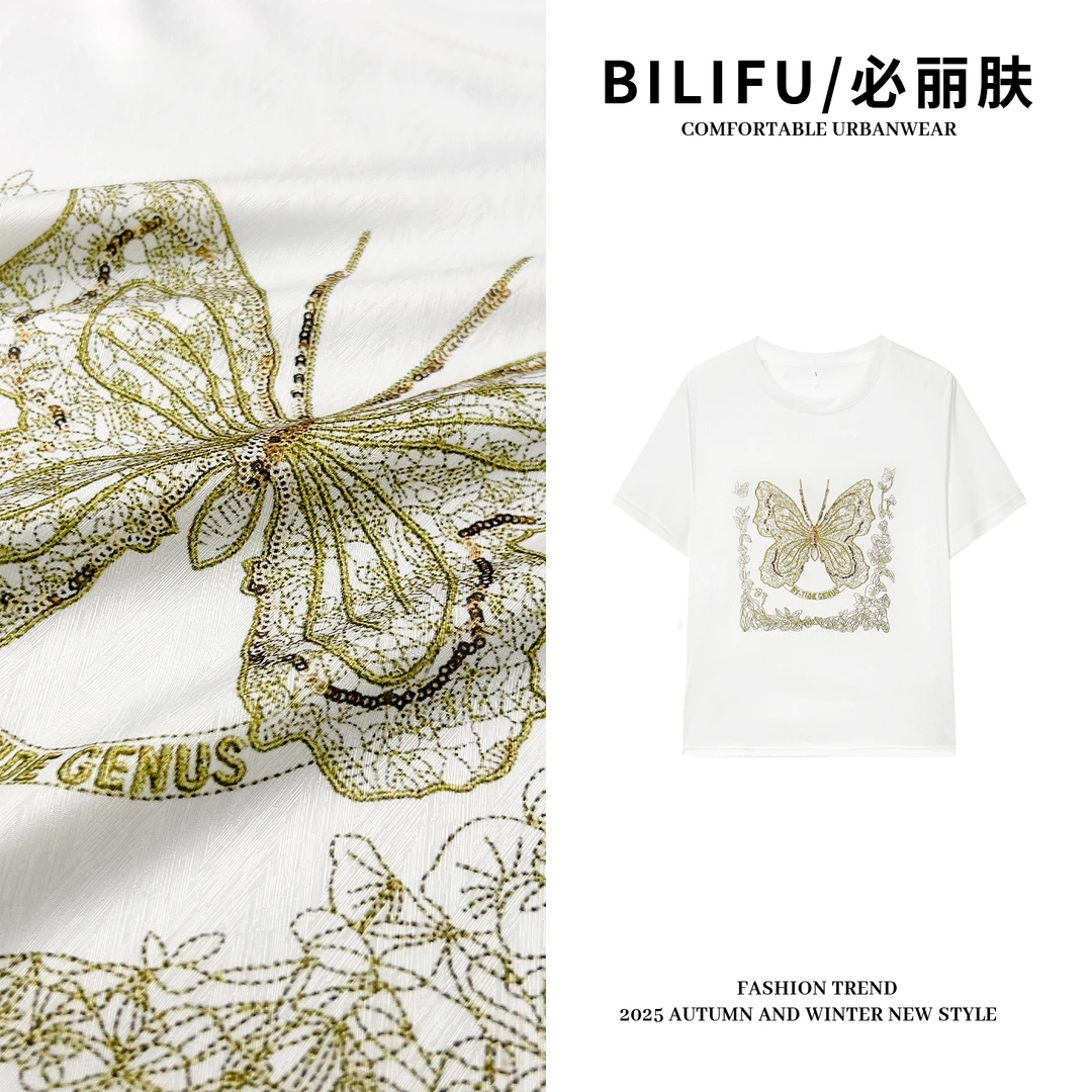 BILIFU/必丽肤 烫金蝴蝶印花AB面T恤春夏时尚百搭上衣1792