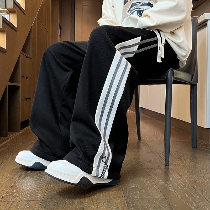 2025春秋新款条纹休闲裤男潮流加绒加厚阔腿直筒裤运动百搭宽松