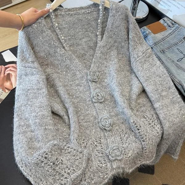 高级绝美立体花朵钉珠毛衣外套秋装2025新款大码女装胖mm针织上衣
