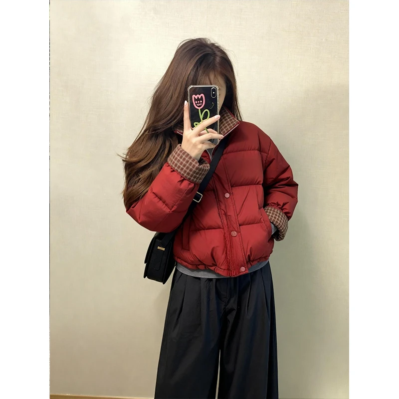 红色格子翻领棉服女款小个子巨好看的冬装外套棉服韩系短款面包服