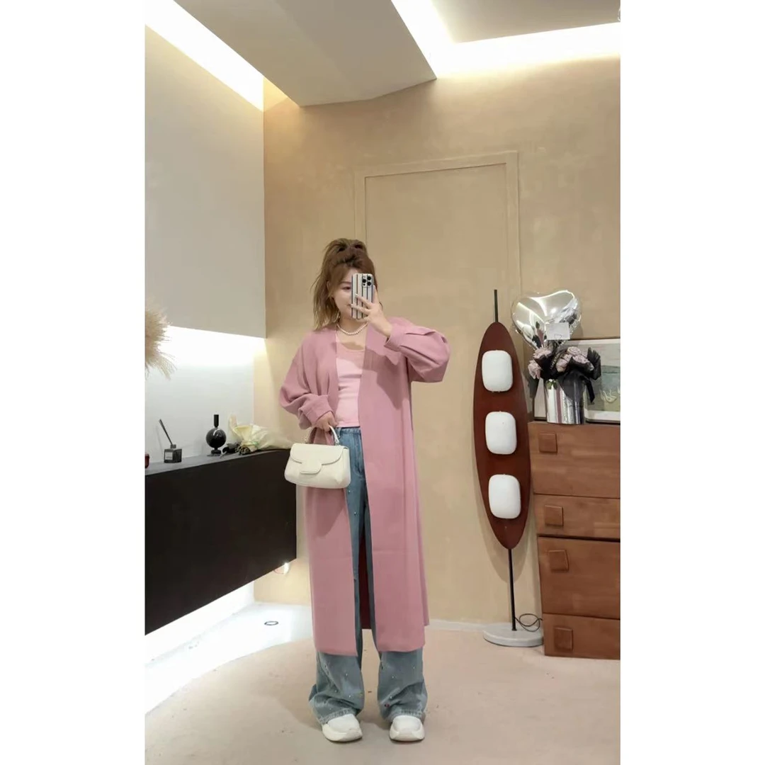 晶咕【蜜桃冰沙】冰麻长袖开衫中长版显瘦气质春秋时尚宽松