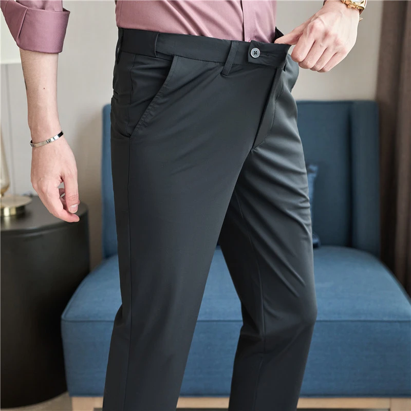 夏季薄款修身直筒薄款休闲裤九分裤男士高弹力西裤松紧腰西服裤子