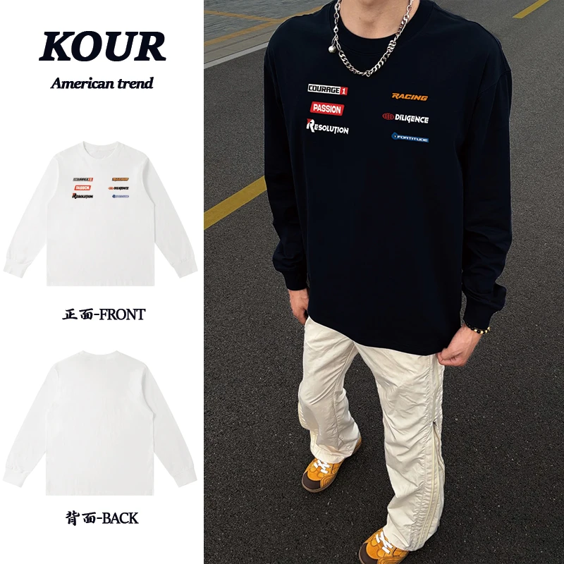 赛车元素贴标美式高街复古上衣重磅纯棉打底衫宽松百搭长袖T恤ins