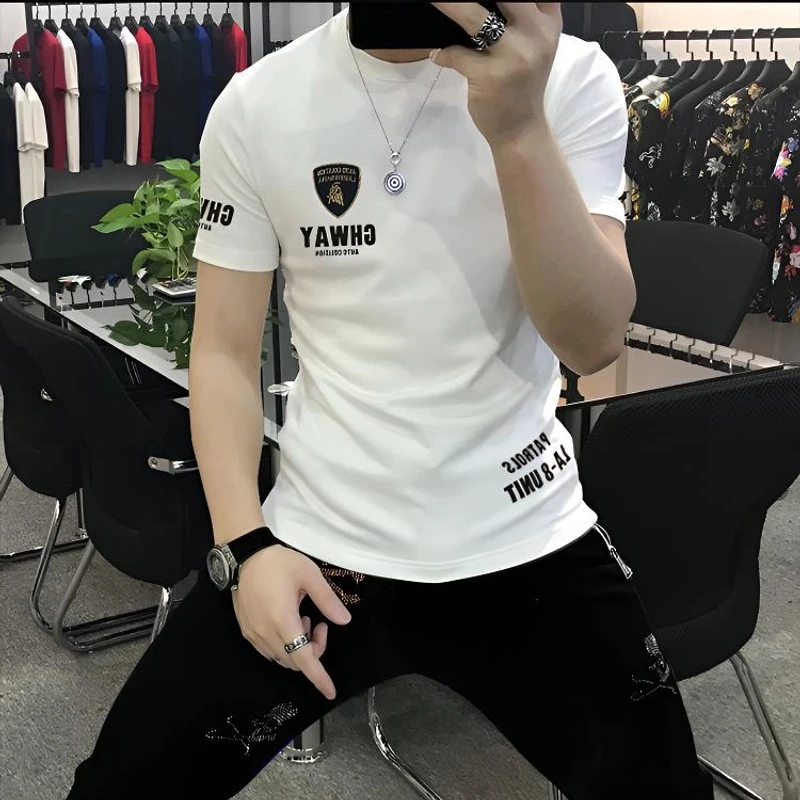 夏季新款纯棉短袖男T恤高级感男装印花T恤宽松圆领休闲百搭打底衫