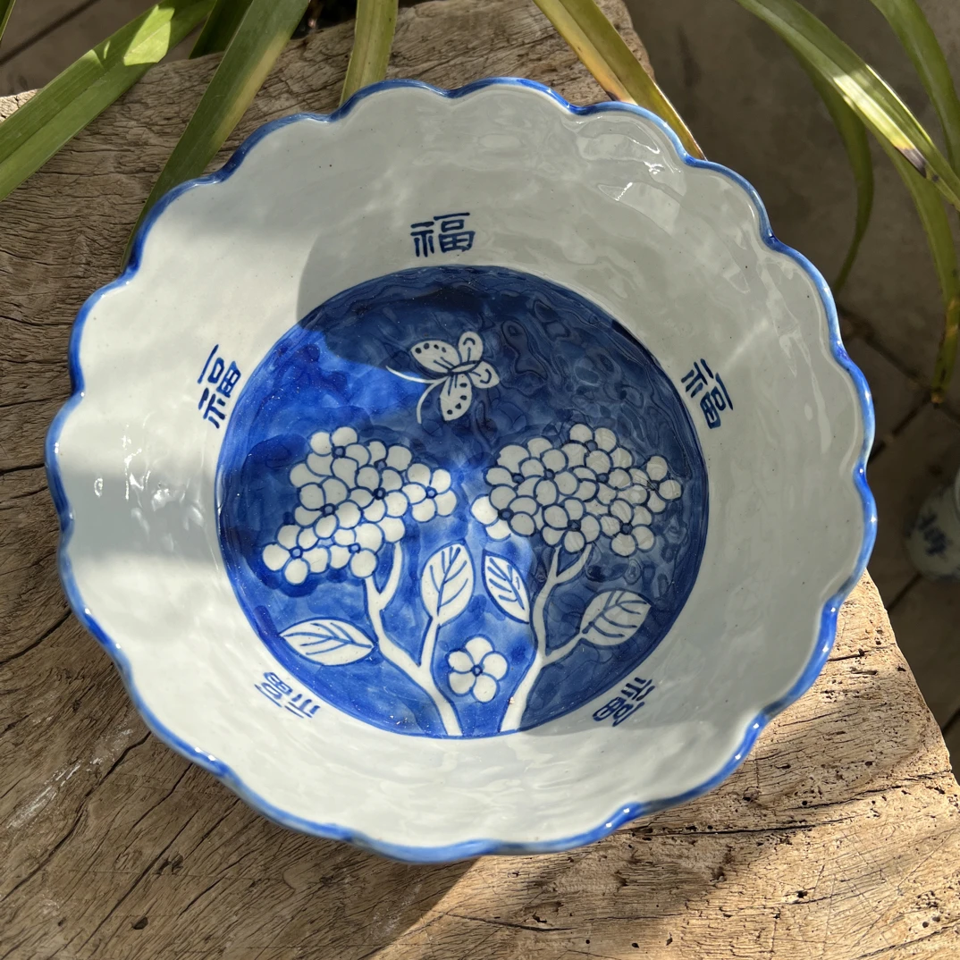 【近山古美】绣球花花口盘手工手绘釉下彩高温瓷