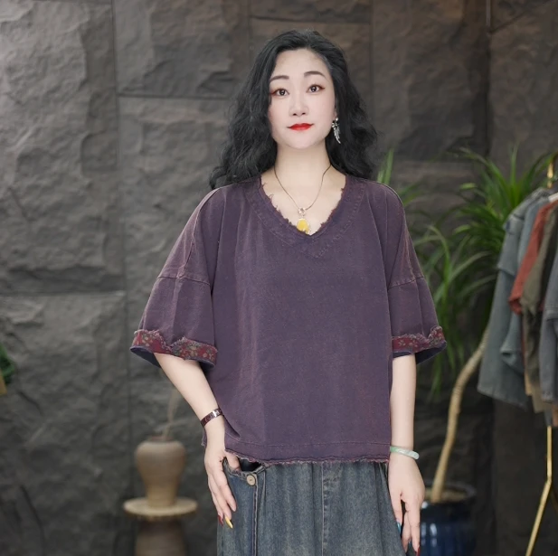 2025夏新款女装时尚复古做旧贴边花布拼接上衣女