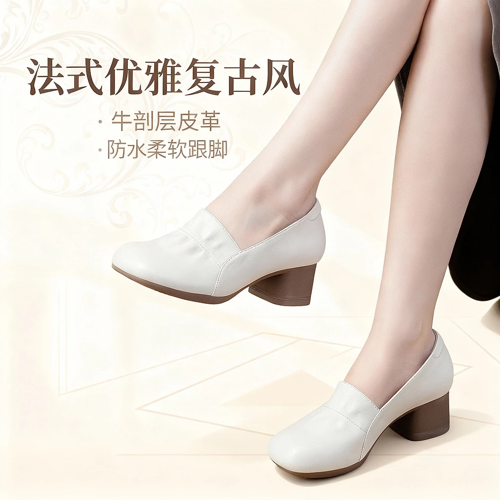 25208真皮女鞋2025秋季新款圆头粗跟软底软面简约气质单鞋跳舞鞋
