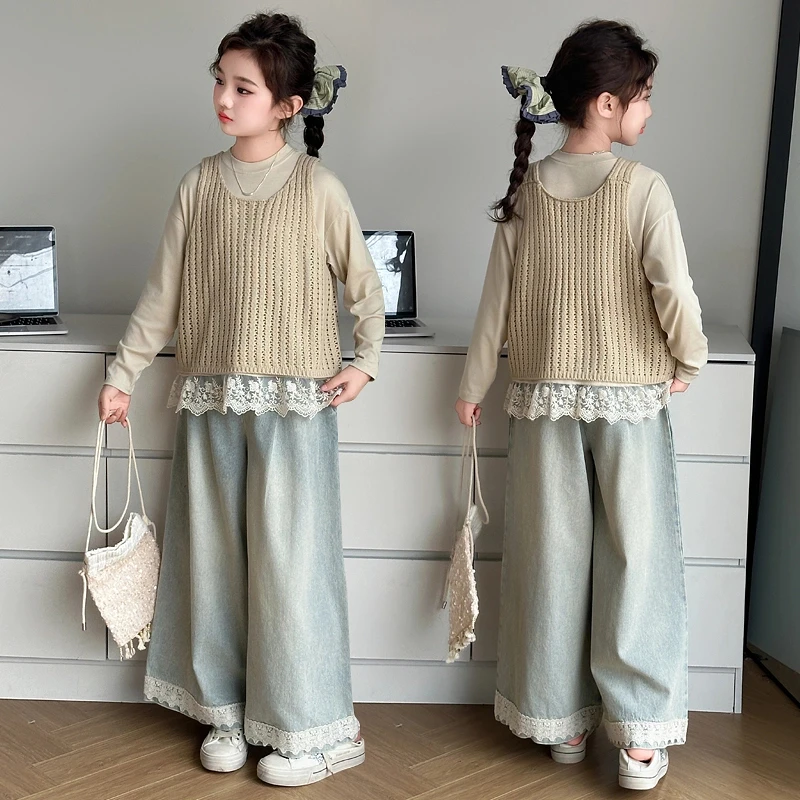 女童套装2025春款韩版洋气儿童针织马甲蕾丝拼接T恤阔腿裤三件套