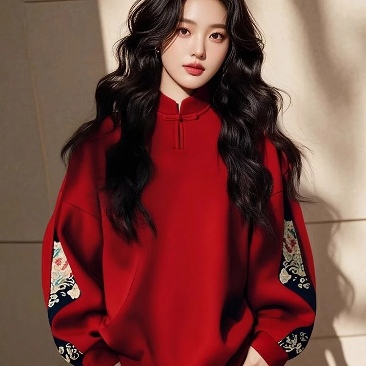 300斤加大码新中式国潮风百搭红色盘扣卫衣男春季高级感宽松外套2