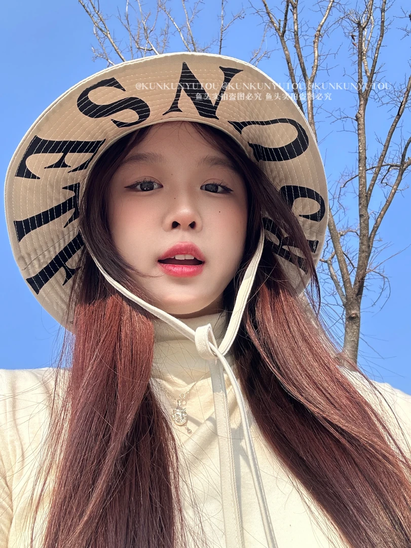 困困鱼头 潮牌FLOWER字母刺绣户外登山帽大檐翻边挂绳遮阳渔夫帽