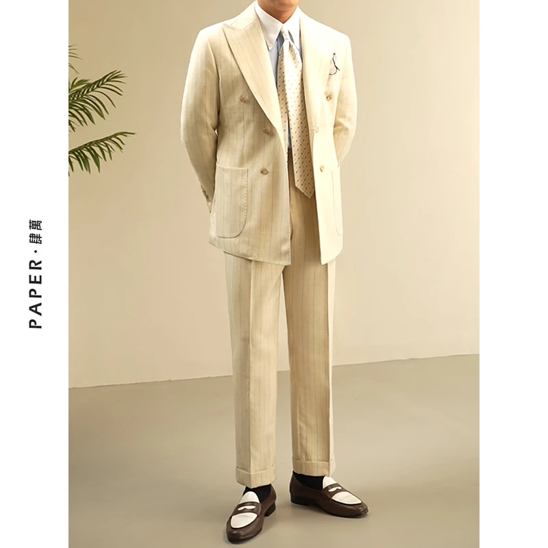 PAPER肆万商务婚礼新郎条纹西服套装意式那不勒斯戗驳领西服男春