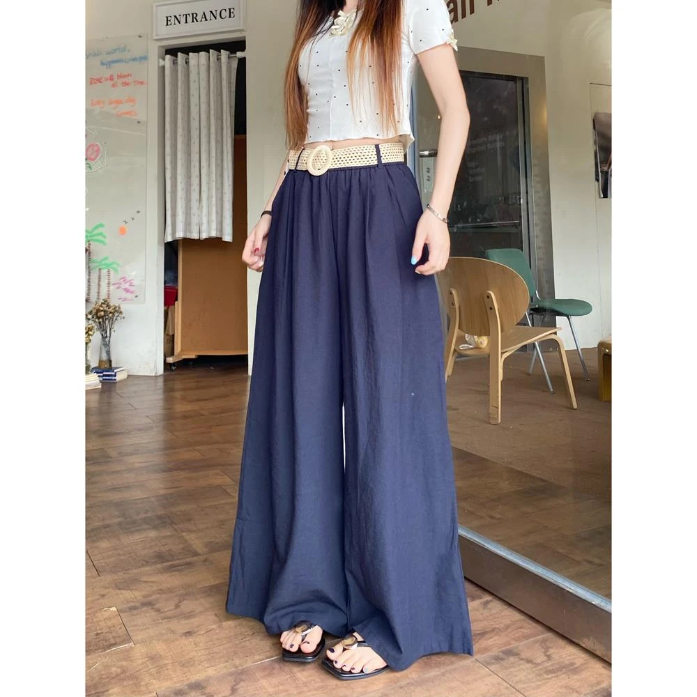 高级高腰显瘦休闲裤女2025夏季新款韩系设计感宽松百搭腰带阔腿裤